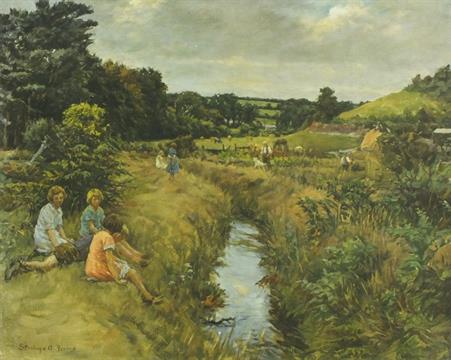 'Angarrack Valley' children sitting by a stream